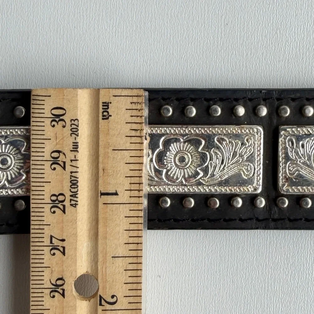 Vintage Nocona Concho Studded Belt size 30 Black Western Leather Engraved Rodeo